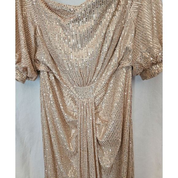 Gold Sequin Flowing 1920's Style Evening Gown Dress Size XL Waist 34 Bridesmaid - Picture 3 of 13